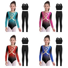 Kids Girls Bodysuit Shiny 3Pcs Set Rhinestones Dance Outfits Performance Team
