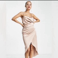 ASOS Edition Sz 2 Champagne Satin Formal Prom Dress Cowl Neck Evening Gown NWOT