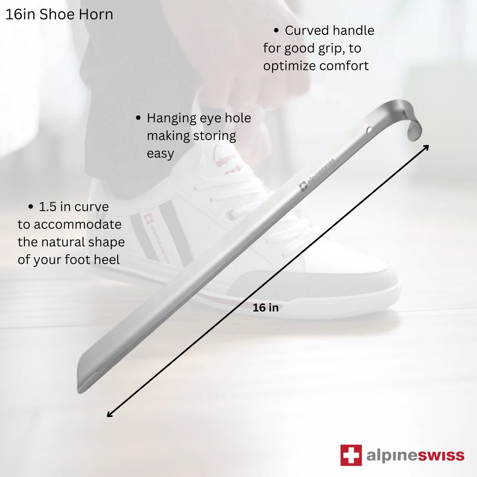 Alpine Swiss Metal Shoe Horn Long Handle 20” or 16” Shoe Helper Steel Shoehorn - Image 2 of 4