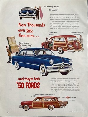 1950 Ford Original Vintage Advertisement Own 2 Cars Sedan Wagon Print Ad