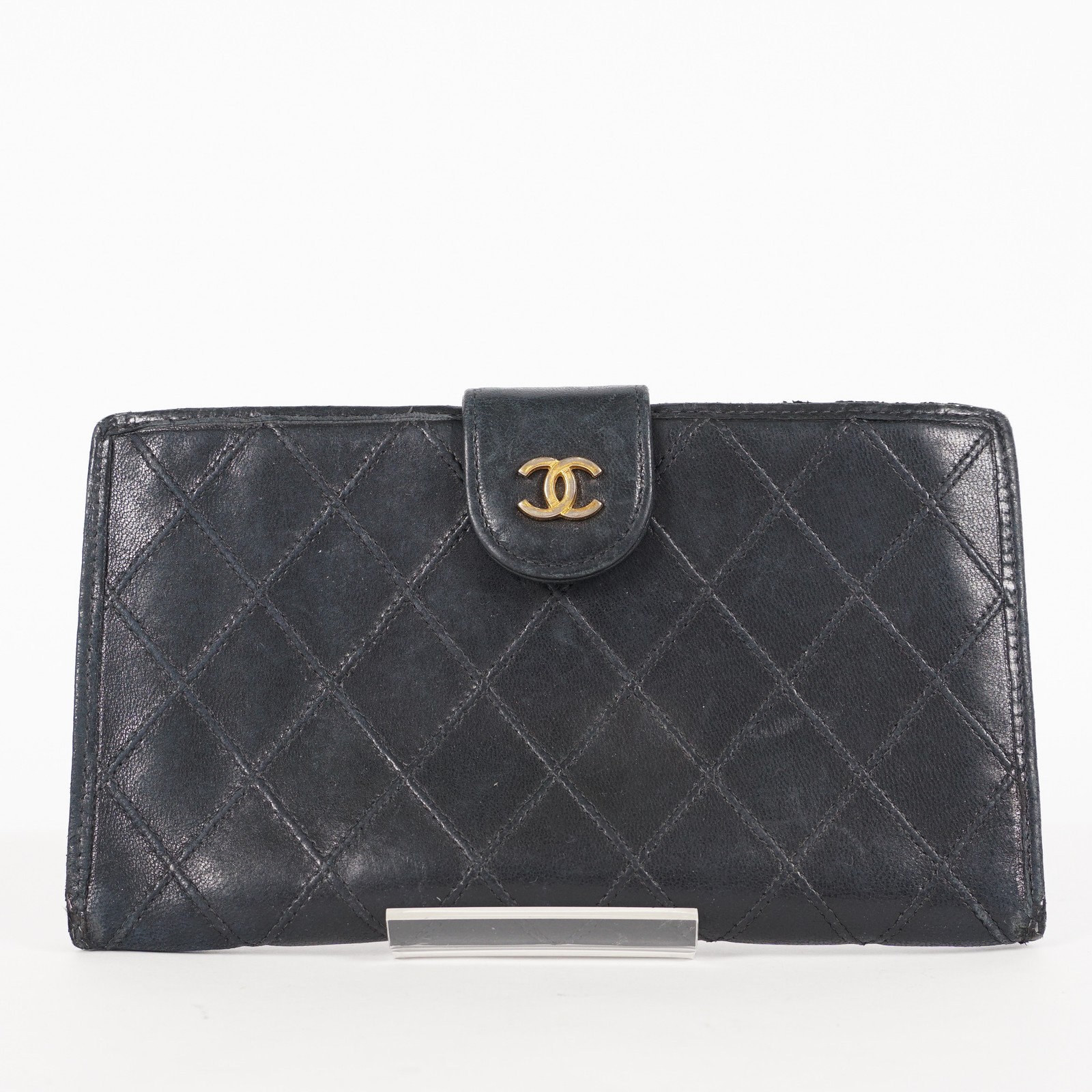 CHANEL Bicolore Quilted CC Logo Lambskin Long Bifold Wallet in Black