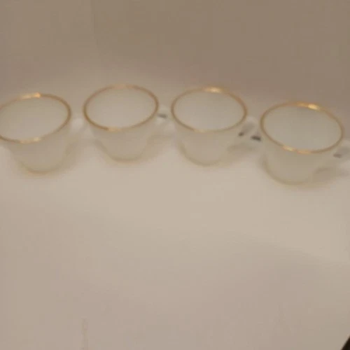 Vtg Anchor Hocking Fire King Milk Glass Swirl Cups White 2-3/4" Gold Trim Lot 4