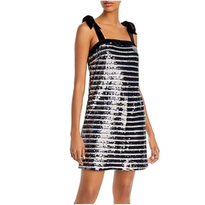 #ad AQUA Women#x27;s Cocktail Dress Size 10 Black and Silver Sequined Striped Shift $59.99