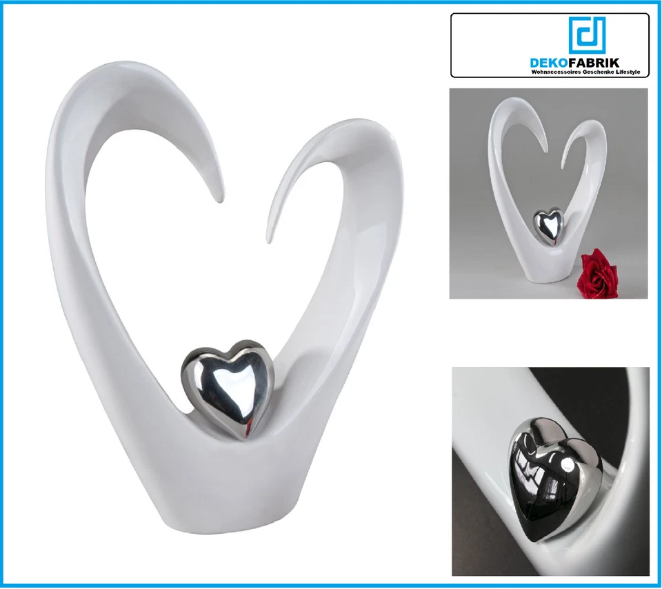 Deko-Skulptur-"Coeur"-Herz-Steingut-weiß-silber glasiert H 33cm Groß Formano - Bild 1 von 4