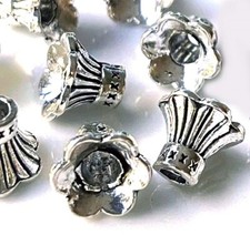 10 Bell Flowers 6-Petal Caps Beads Tibetan Style Silver Pewter 10x9mm