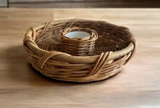 Vintage rattan wicker woven chip and dip tray 15” in diameter and 4” tall MCM