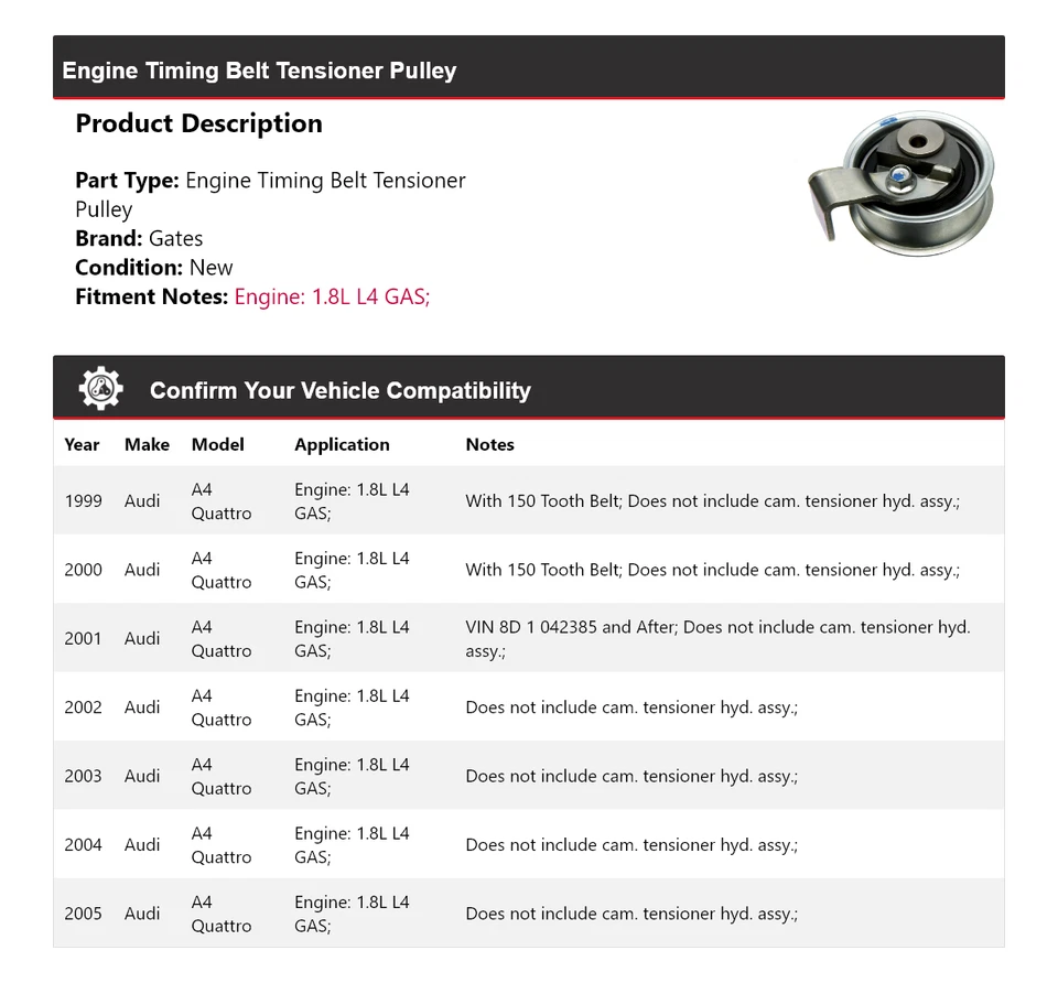 Para Audi A4 Quattro 1999-2005 Motor Correa de distribución Tensor Polea Puertas 2000 Foto 2 de 4