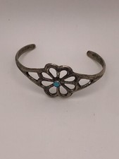 Vintage Navajo Sand Cast Turquoise Sterling Silver 925 Childs Cuff Bracelet