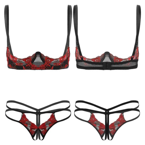 Damen Spitze Dessous Set Push Up BH mit Ausgehöhlt Slip Tanga Erotic Nachtwäsche - Picture 4 of 33
