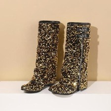 Mid Calf Boots Point Toe Sequin Casual Womens Side Zip Buckle Cowgirl Pant Shoes