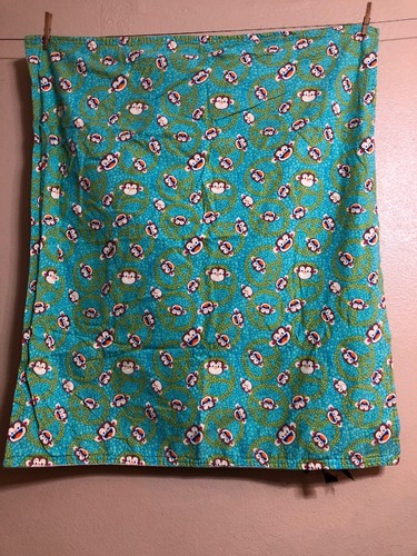 Flannel Baby Blanket Handmade Monkey Aqua Yellow ☮️ Brown Ribbon - Picture 7 of 7