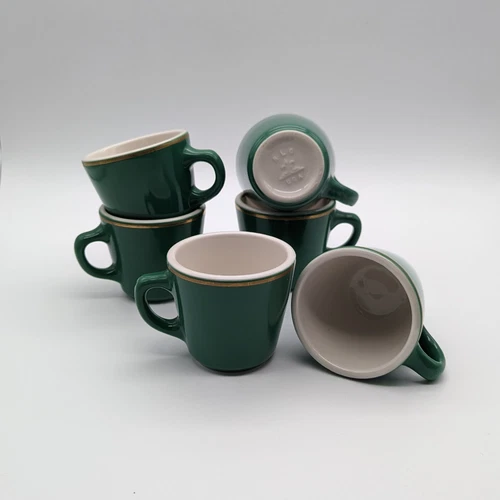Vintage HLC Homer Laughlin China Heavy  GreenCoffee Mug w/Gold Stripe Set of 6
