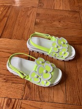 Christian Louboutin Girl Neon Green 3D Flower Flat Sling Back Sandal Size 35