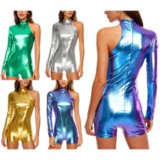 Women's Metallic Shiny Bodysuit Mock Neck Leotard Jumpsuit for Raves Party Club