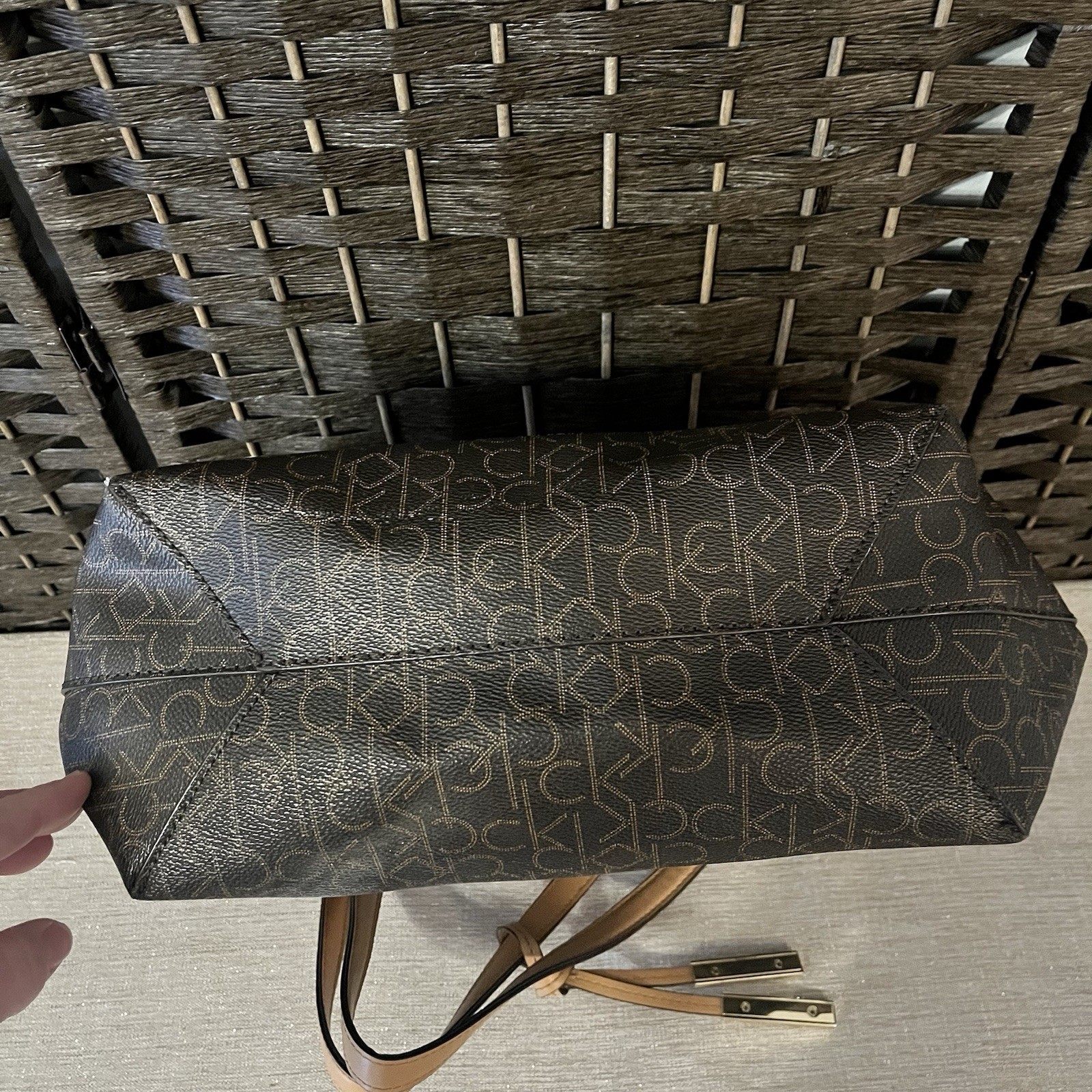 Calvin Klein CK Monogram Brown Tote Bag Tan Straps Logo Shoulder Purse thumbnail 6