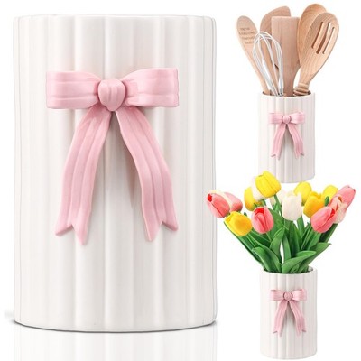 Pink Bow Ceramic Utensil Holder 3D Coquette Handmade Pink Kitchen Decor Mothe...
