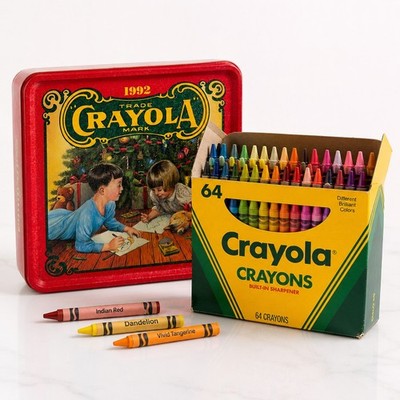 Vtg 92 Crayola Christmas Xmas Tin Gift Indian Red Ornament 64 Crayons Complete