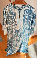 Oscar de la Renta Blue Paisley Kaftan Dress Full Zip 41” Length Silky Sheen