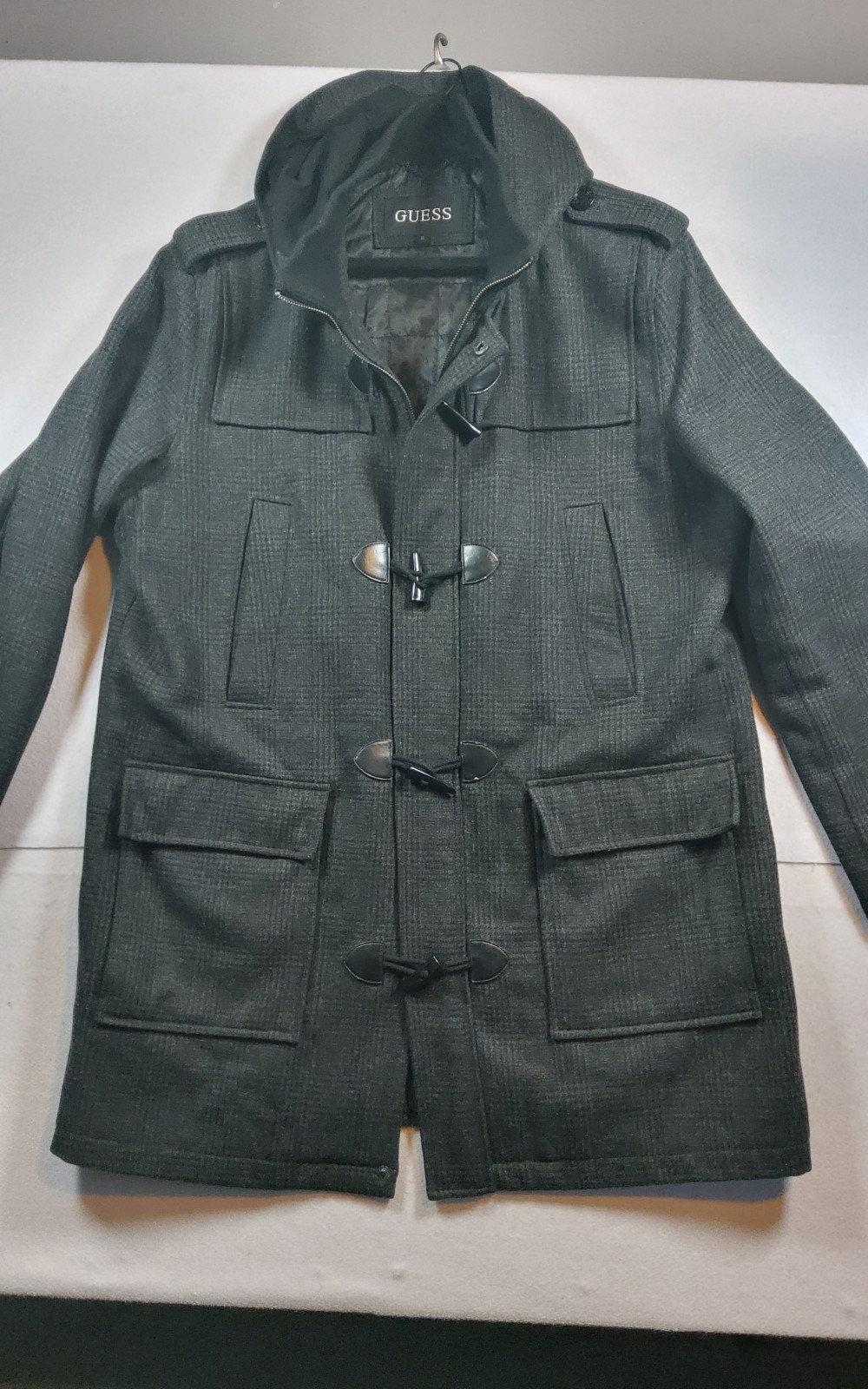 GUESS Men's Wool Blend Hooded Toggle Duffle Coat Size XL Black Full Zip Lined