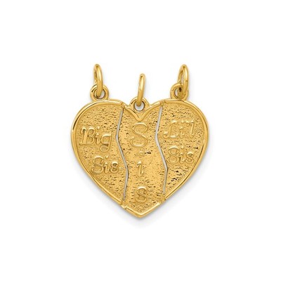 14k Gelbgold Split Heart Anhänger Trio für Schwestern Big Lil Sis Familie Charm