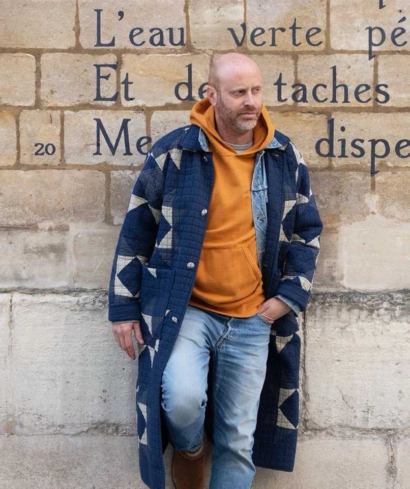 JINJI Men Japan Sezane Style Patchwork Quilted Coat Navy Poncho Sz