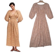 MADEWELL Balloon-Sleeve Maxi Dress Womens Size 00 Spiral Dot Khaki Scoop V-Neck