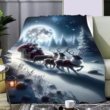 Christmas Santa & Reindeer Pattern Flannel Blanket - Warm Throw Fleece Blanket