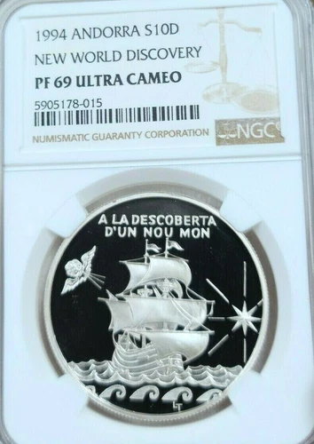 1994 ANDORRA SILVER 10 DINERS NEW WORLD DISCOVERY NGC PF 69 ULTRA CAMEO TOP POP