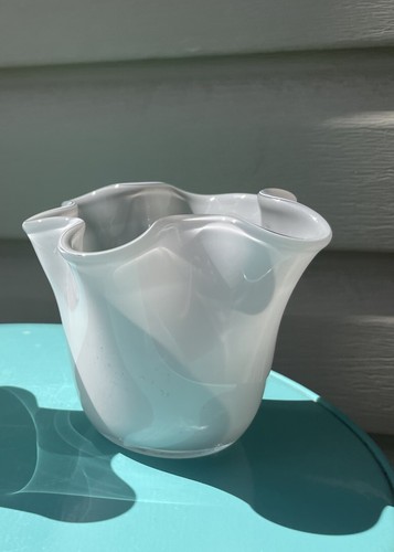 Gray White Cased Crimped Rim Hand Blown Art Glass Bowl Vase 4.5"
