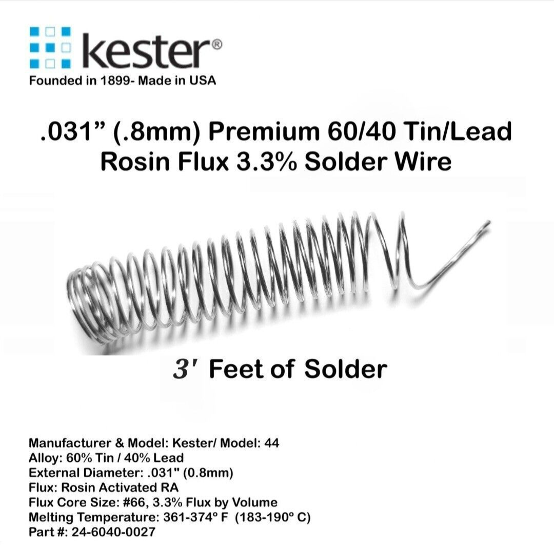 Kester 44 Solder Wire - 60/40 Tin/Lead, Rosin Core, 0.031” Diameter, 3 Feet Length
