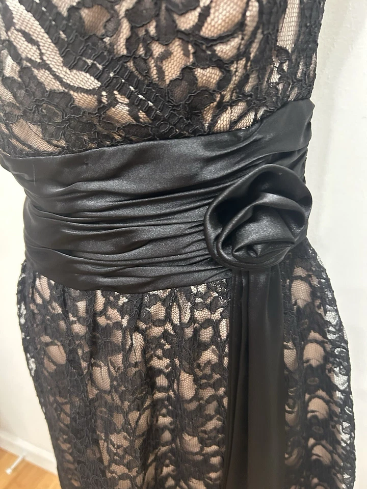 JS Boutique Elegant Black Lace Dress W/ Champagne Satin Lining Goth Romantic 10 - Image 2 of 4