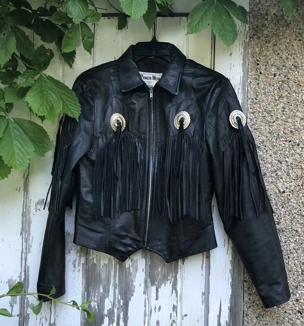 Vintage Pioneer Wear Conch Western Fringe Jacket S 8 Cowgirl Women s Black Biker