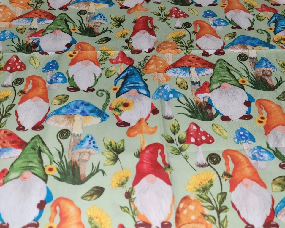 Lot of 8 Fat Quarters Gnomes Cotton Fabric  Gnomes Mushrooms Sunflowers Colorful - Image 2 of 3