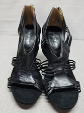 Nine West Womens Size 7 Black Leather Pumps 3.5" Cone Heels Open Toe