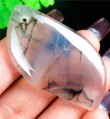 50x26x6mm Black&Gray Dragon Veins Agate Leaf Shape Pendant Bead AD67713