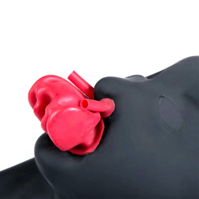 Men Black Latex Mask Hood with Red Teeth Gag Nasal Tube Gummi 1.0mm Made by Mold - Image 3 of 4