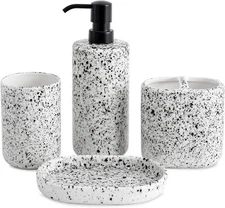 Bathroom Accessories Set 4 Pcs - Featuring Unique Ink-Splattered Design White 
