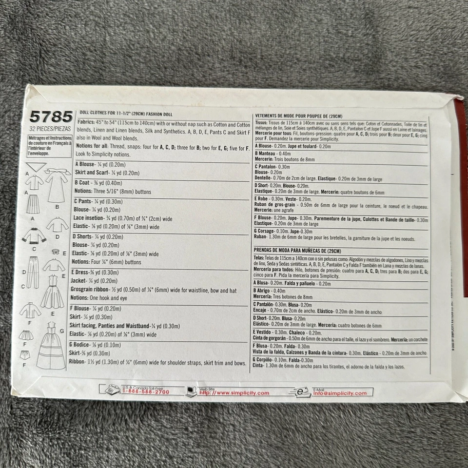 Simplicity Pattern 5785 11.5" Doll Fashion Doll Clothes Coat Blouse Shorts - Image 4 of 4