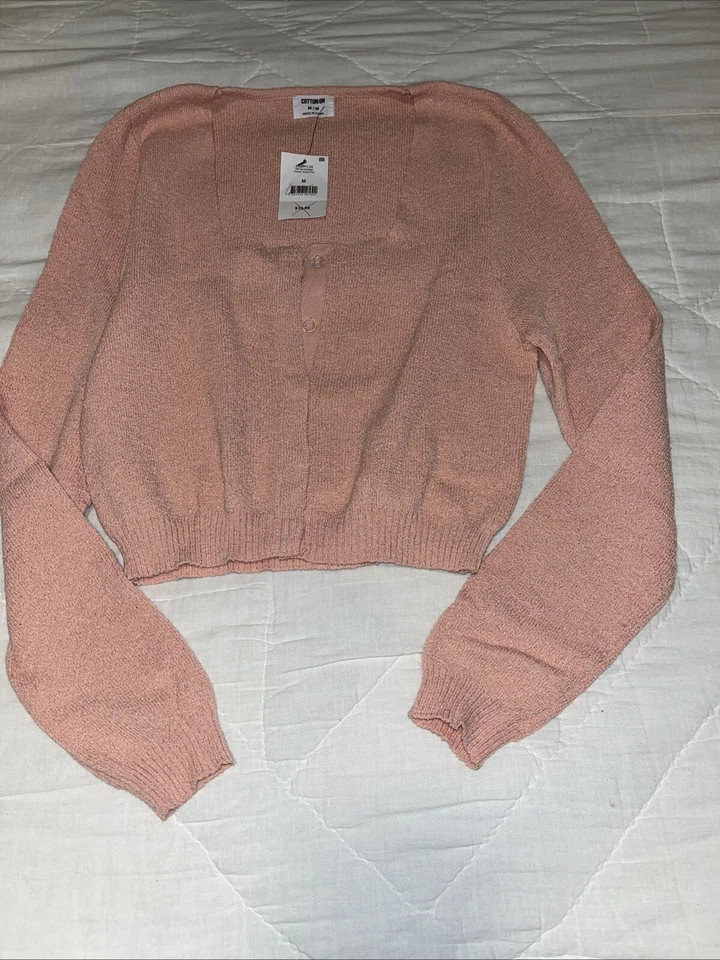 Top suéter de algodón para mujer manga larga cuello redondo rosa mediano corto Foto 3 de 4