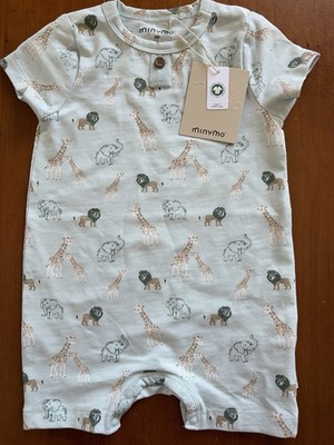 MinyMo (Denmark) NWT Green/Tan Zoo Animals Org Cotton Knit Romper- 3-6Mos