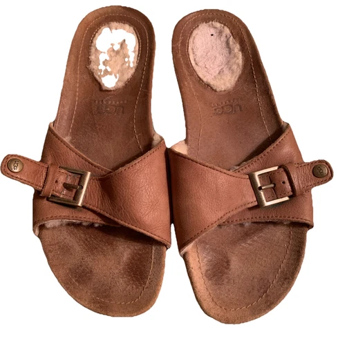 Sandali infradito UGG fibbia pelle misura 8 scarpe donna pelliccia marrone