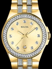 Bulova Phantom Swarovski Crystal Gold Stainless Steel Bracelet Mens Watch 98B174