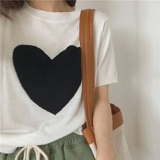 Women's Black  White Large Love Pattern Jacquard Thin Jersey Short-sleeved Tops