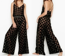 Victoria  s Secret sheer/velvet polka dot pants Womens L Black Swiss Dot Wide Leg