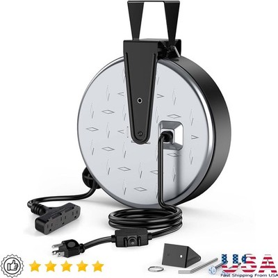 30FT Retractable Power Cord Reel W/ 3 Outlets Automatic Rewind Indoor Outdoor US