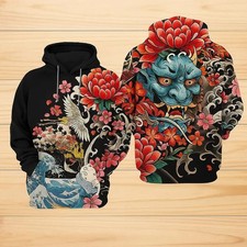 Japanese Art Hoodie 3D Demon Mask Floral Wave Crane Graphic Pullover