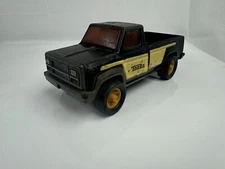 Vintage 1980's Black Tonka Pickup Truck, Yellow Decals Red Windows Yellow Hubs