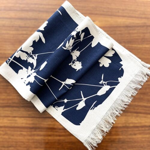 IKEA Svartvide 100% LINEN TABLE RUNNER 40x160cm - Navy Block Print on Natural - Picture 3 of 10