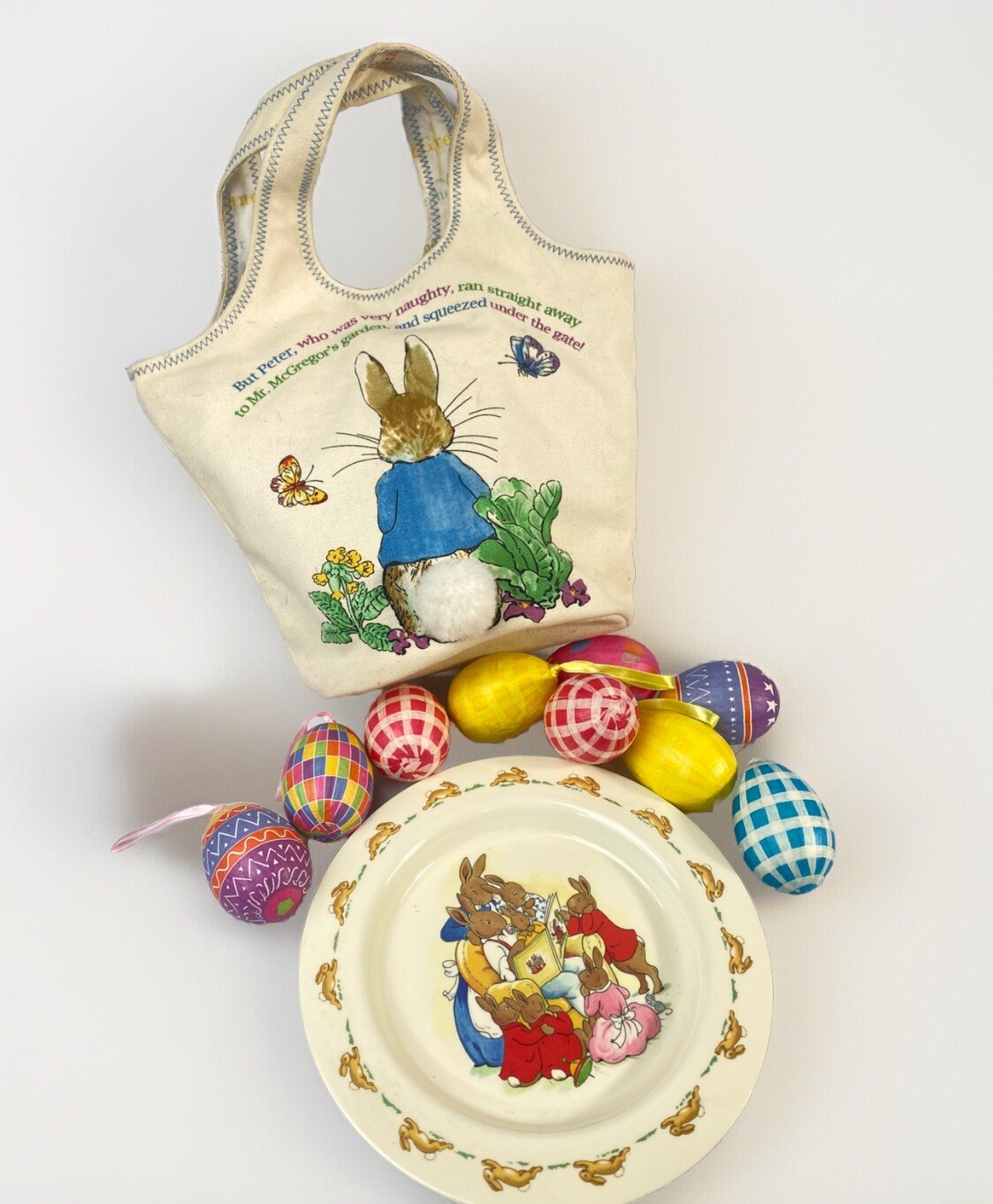 Royal Doulton Bunnykins Plate, Beatrix Potter Canvas Bunny Basket Tote Lot Eggs