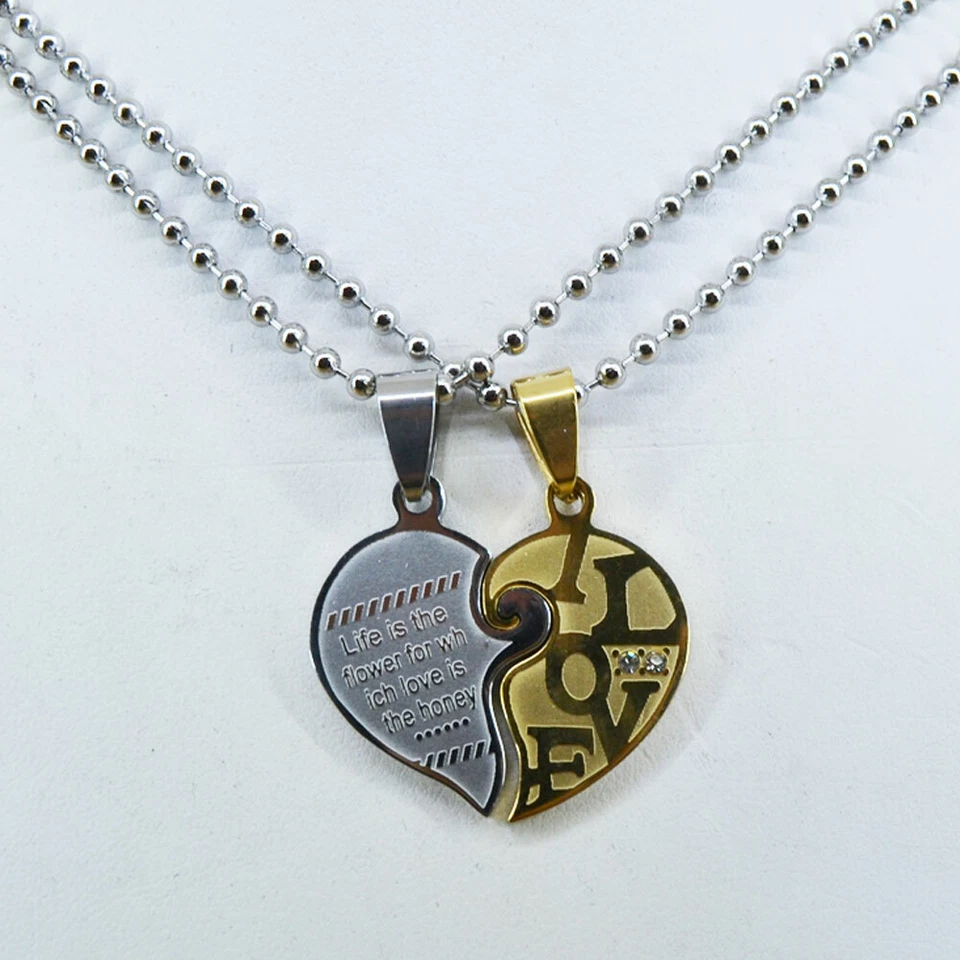 Doppia Collana ciondolo acciaio cuore spezzato uomo donna fidanzati amore metà - Immagine 3 di 4